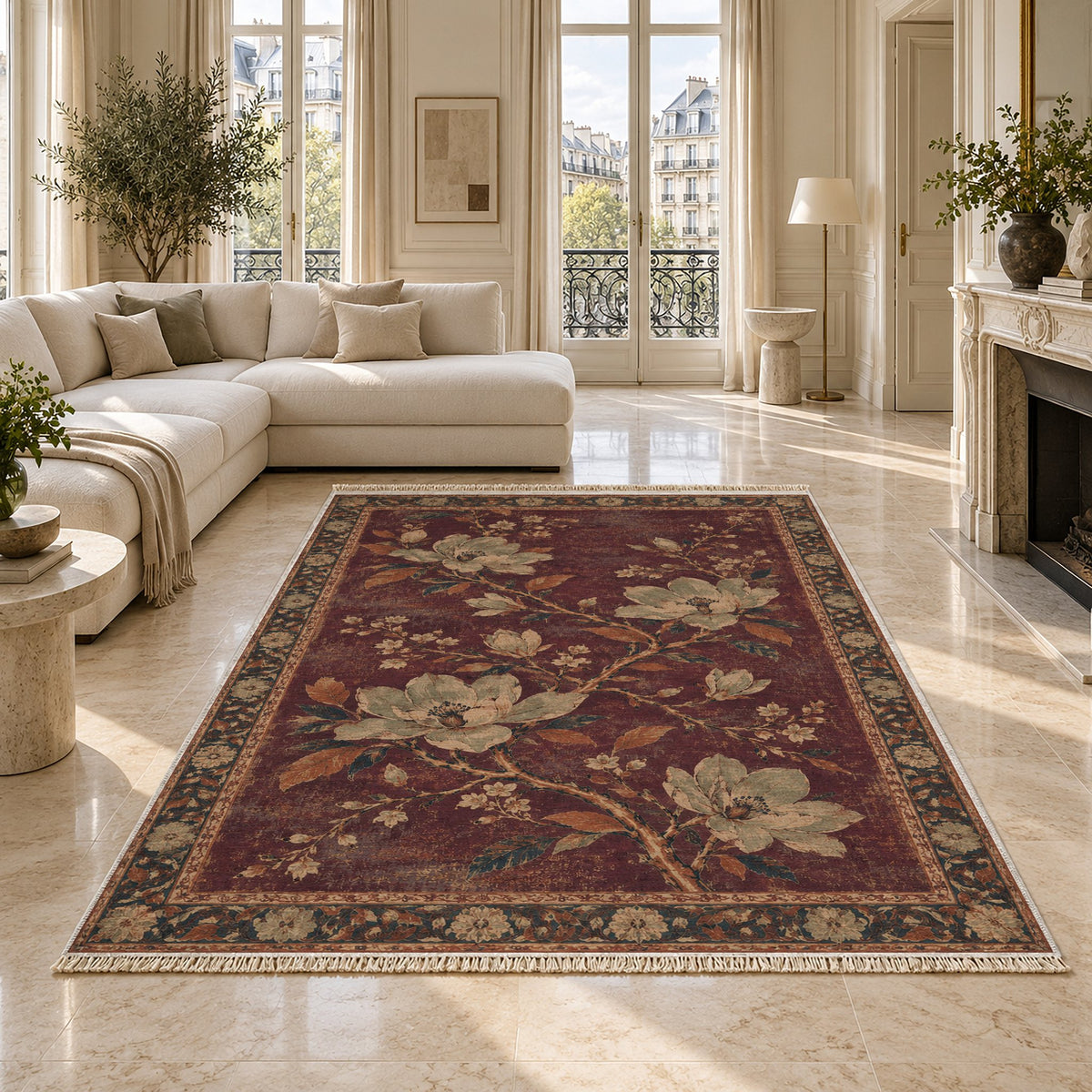 Magnolia Branch Crossing Mulberry & Celadon washable rug on a marble floor