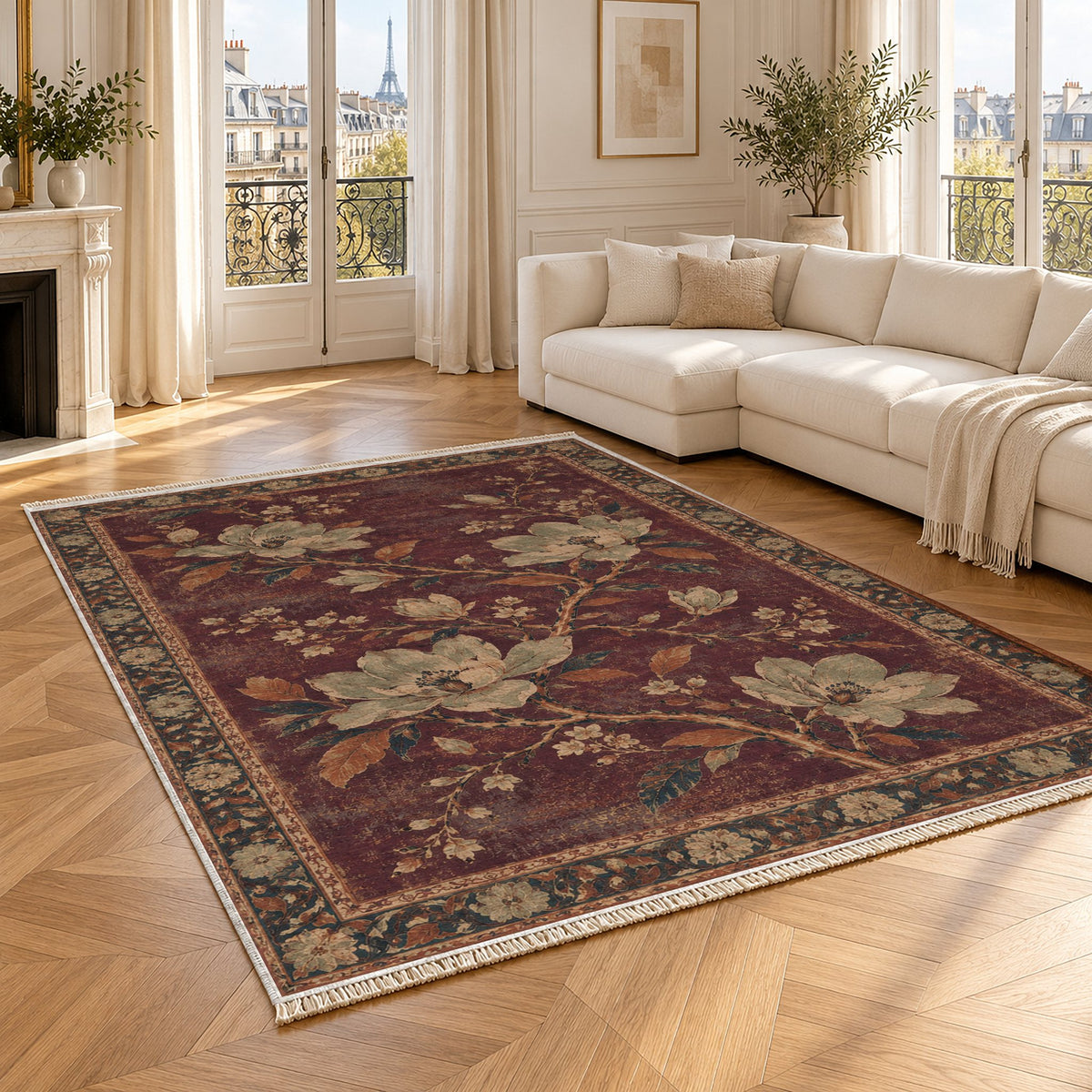 Magnolia Branch Crossing Mulberry & Celadon washable rug angled room view