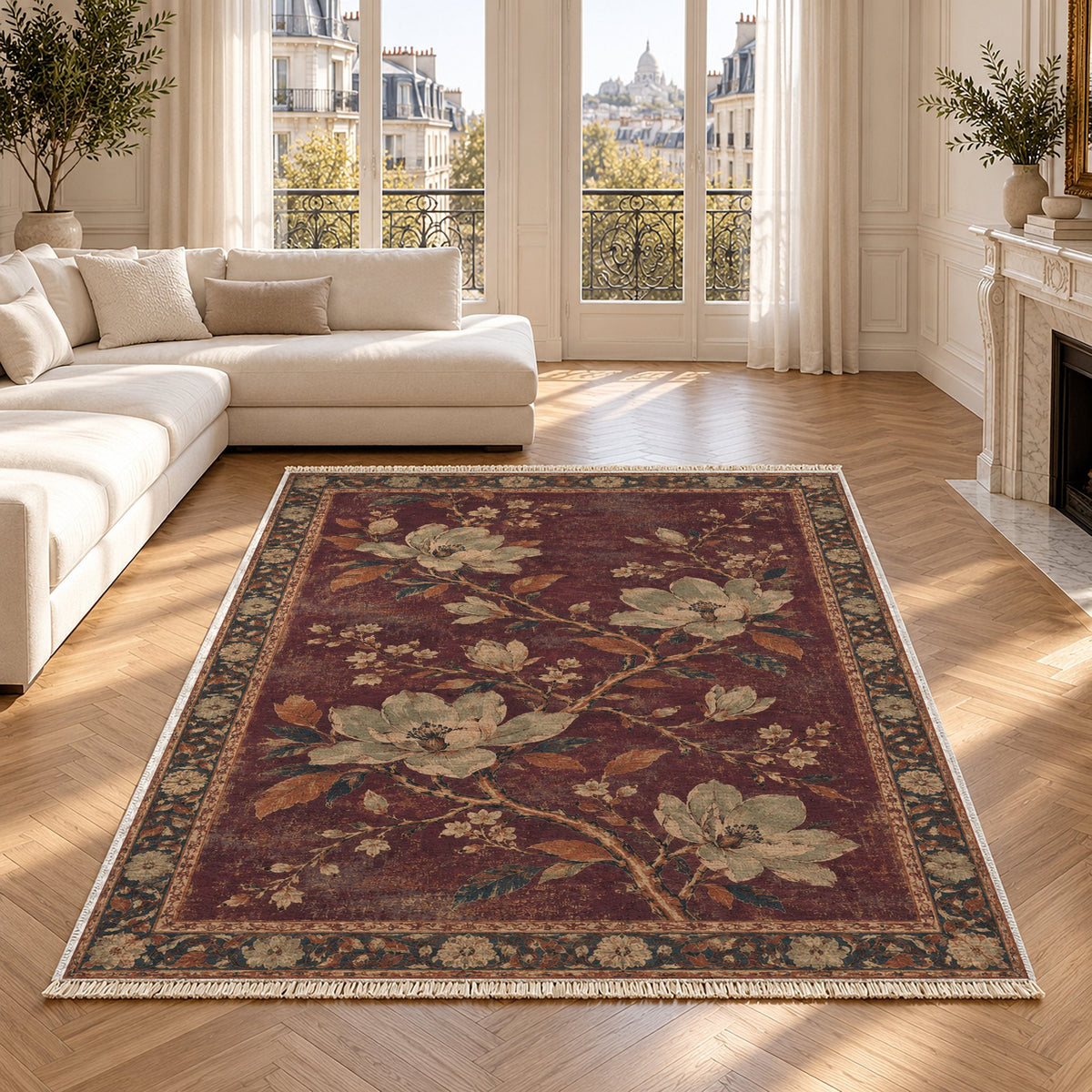 Magnolia Branch Crossing Mulberry & Celadon washable rug in a Paris living room