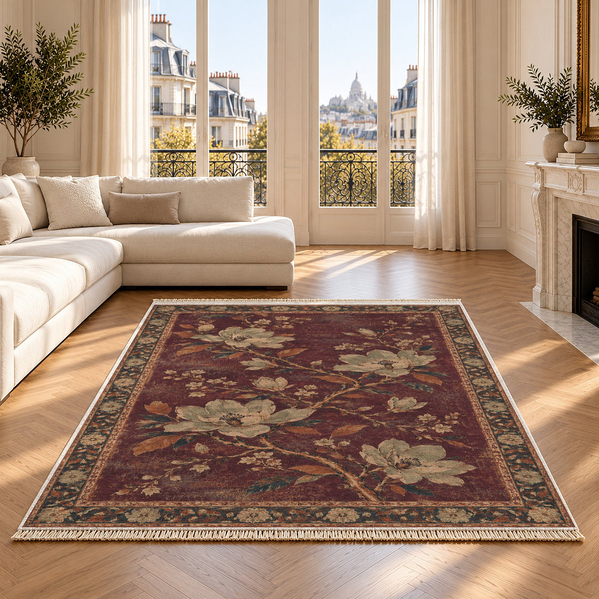 Magnolia Branch Crossing Mulberry & Celadon washable rug on an oak floor
