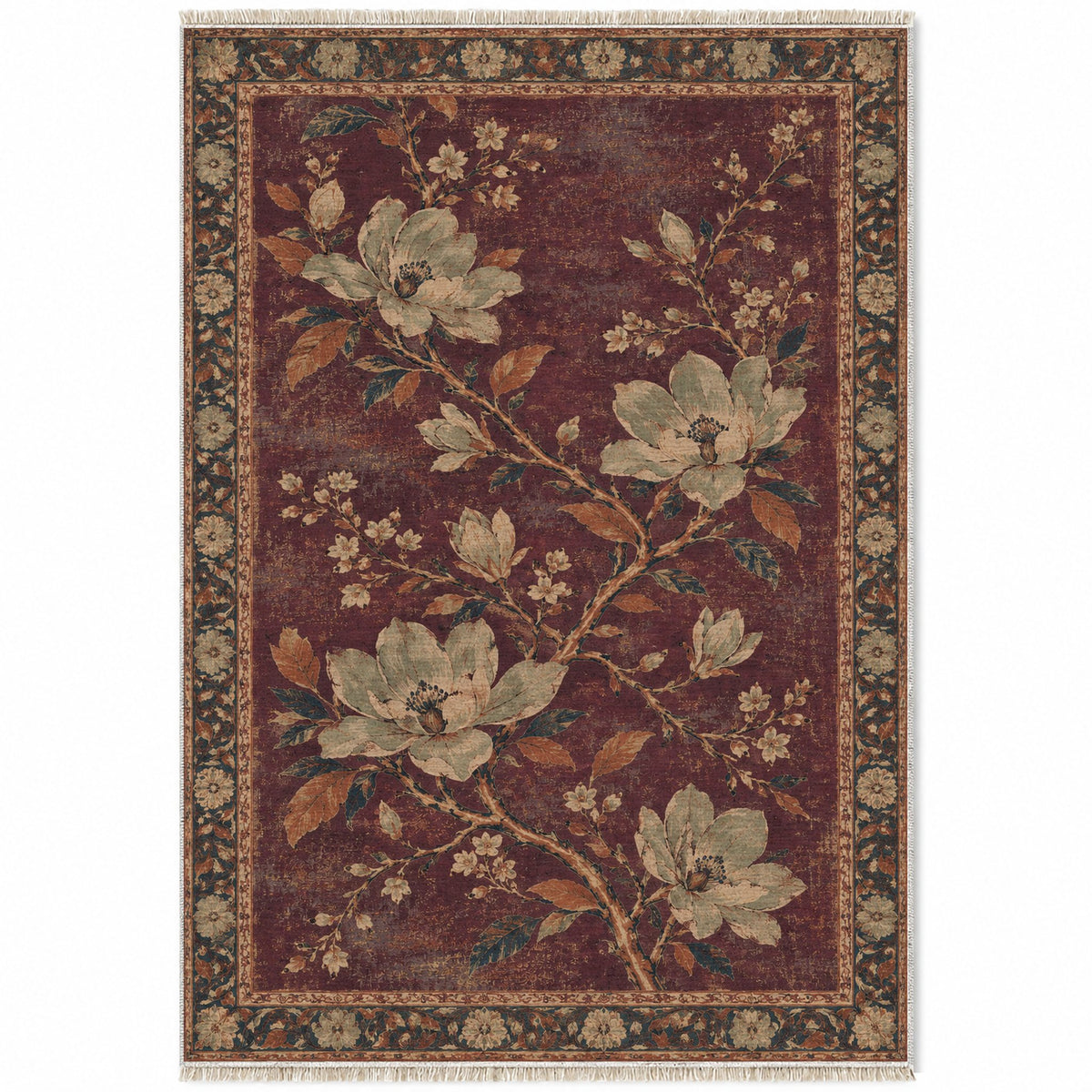 Magnolia Branch Crossing Mulberry & Celadon washable rug top view