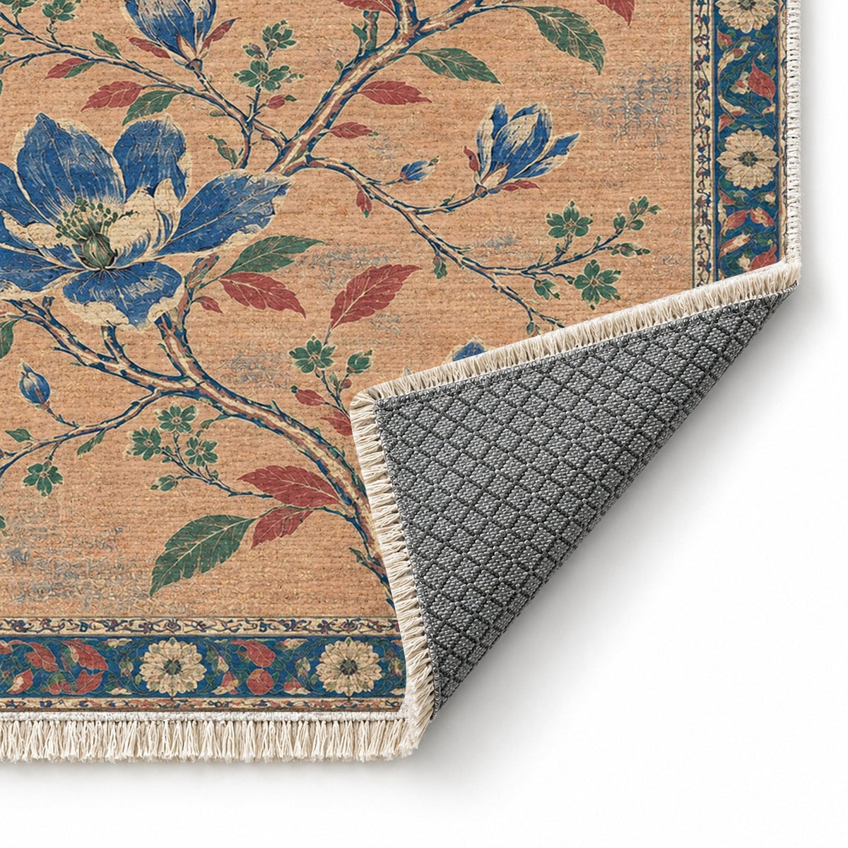 Magnolia Branch Crossing Peach, Cobalt & Jade washable rug folded corner showing the backing
