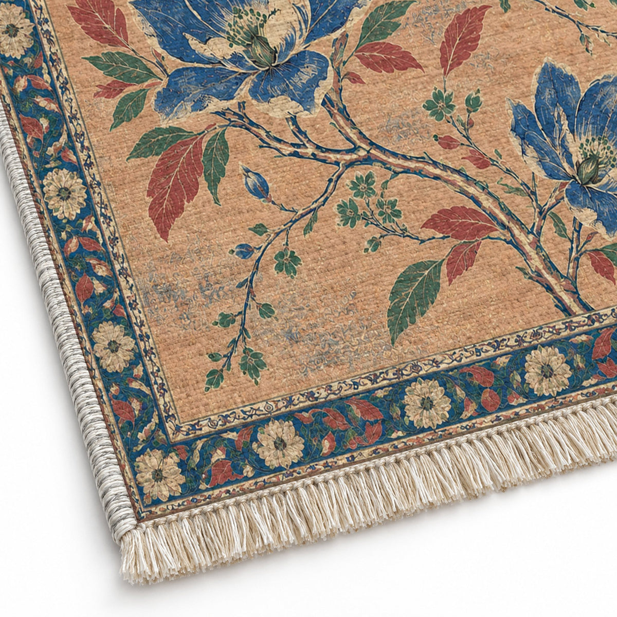 Magnolia Branch Crossing Peach, Cobalt & Jade washable rug close-up of the printed chenille