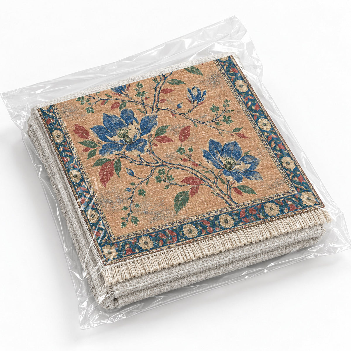 Magnolia Branch Crossing Peach, Cobalt & Jade washable rug rolled and packaged