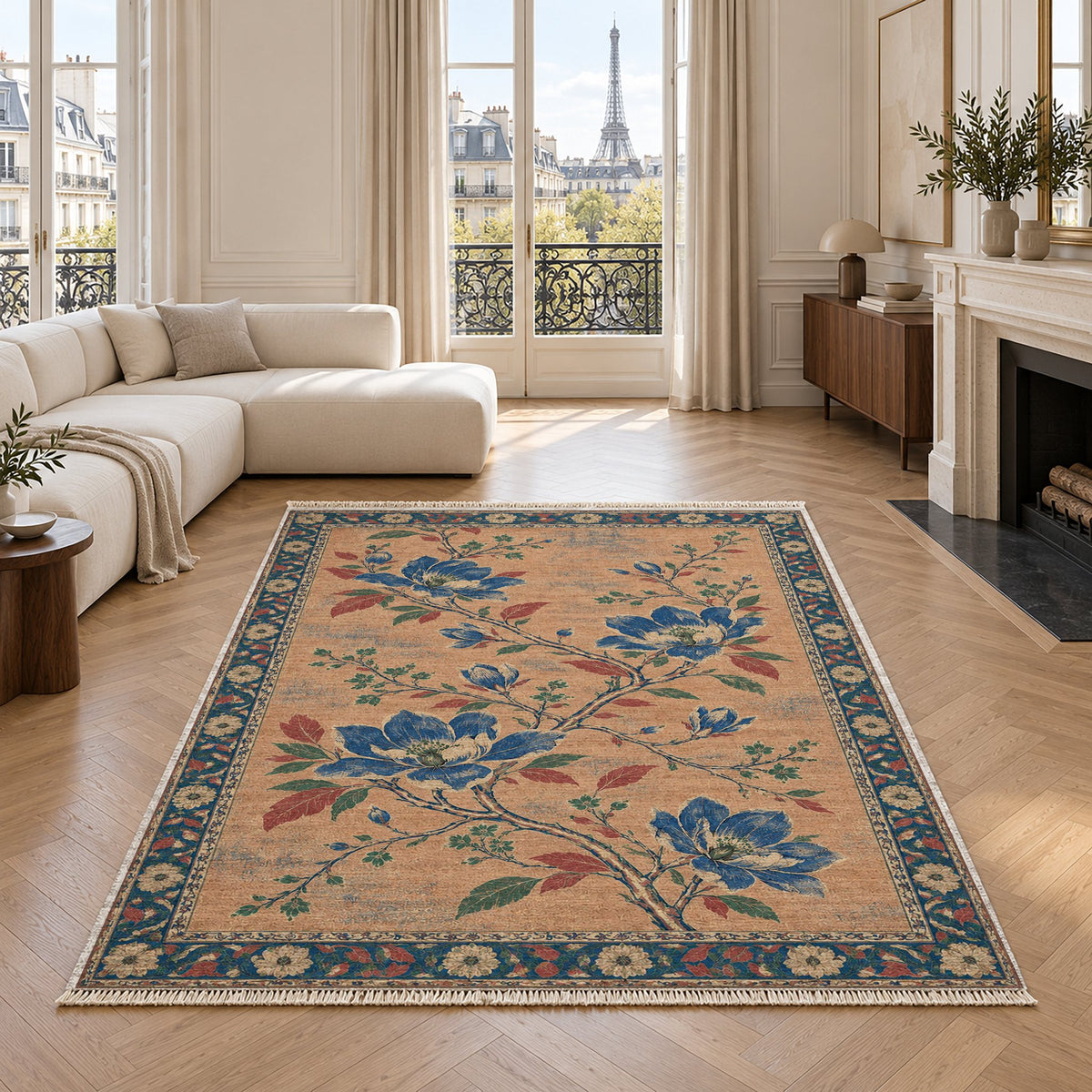 Magnolia Branch Crossing Peach, Cobalt & Jade washable rug in a living room with an Eiffel Tower view