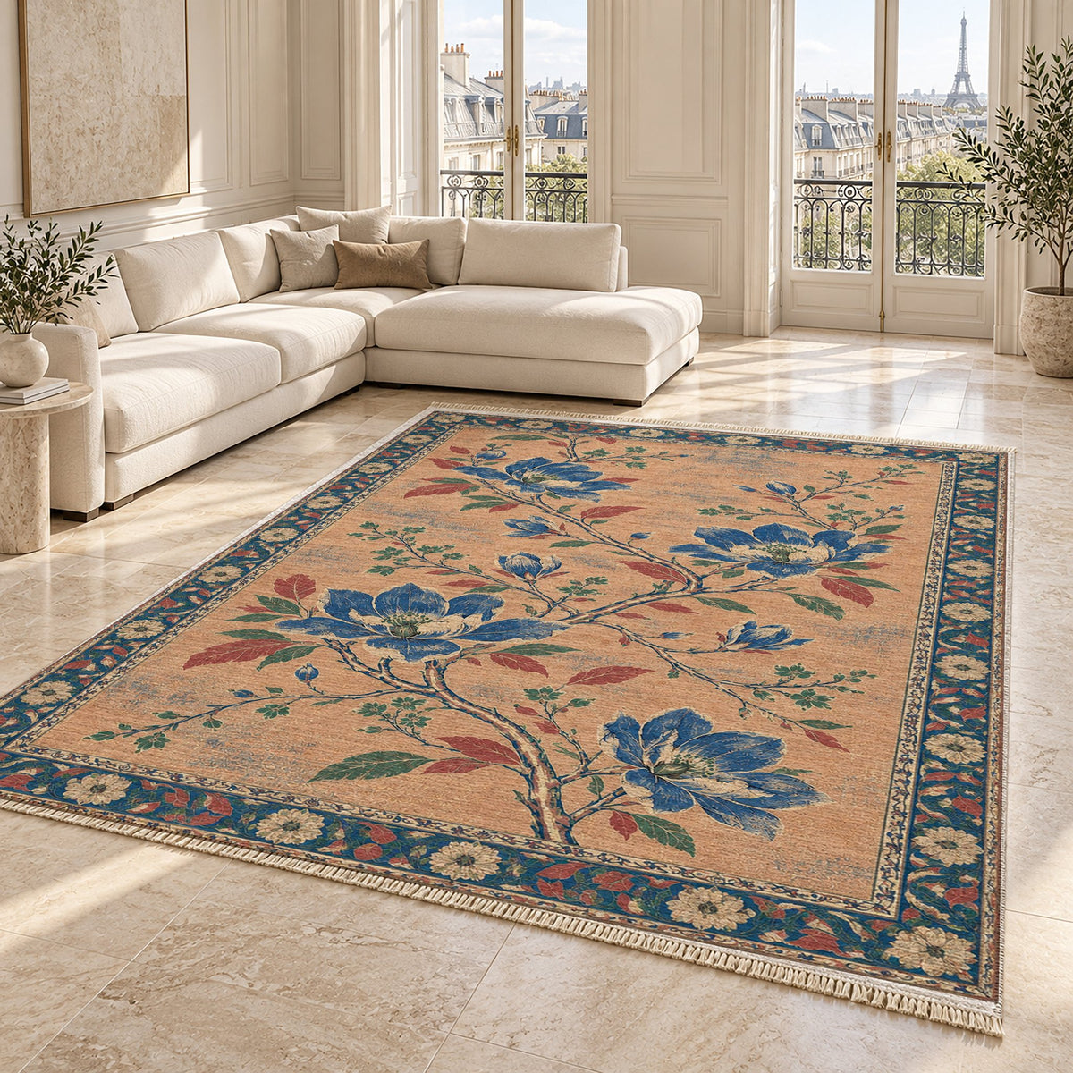 Magnolia Branch Crossing Peach, Cobalt & Jade washable rug angled room view on marble