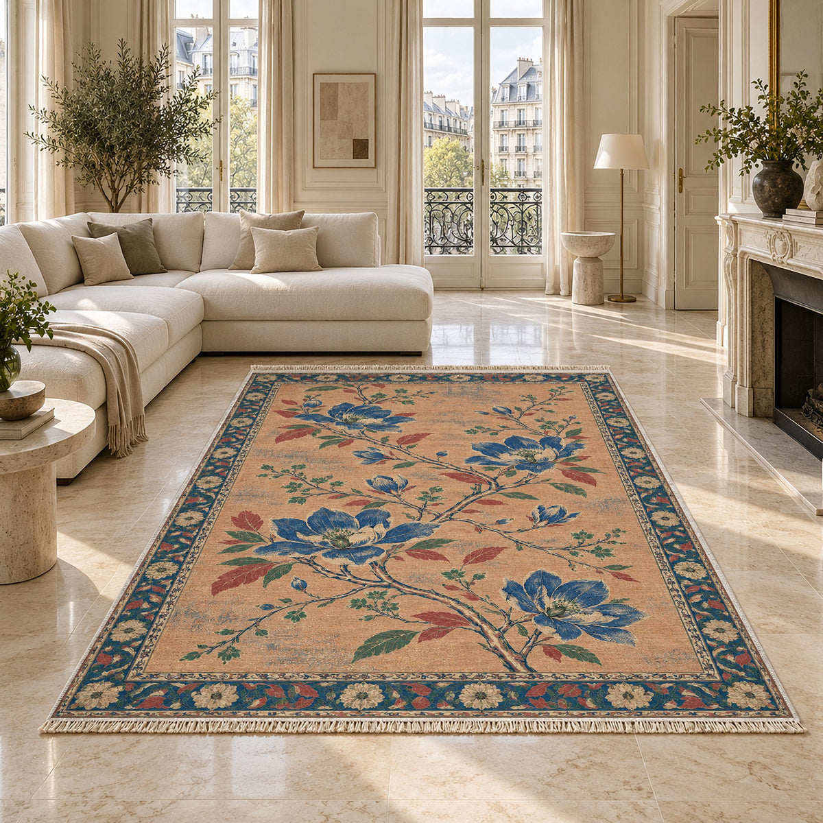 Magnolia Branch Crossing Peach, Cobalt & Jade washable rug on a marble floor
