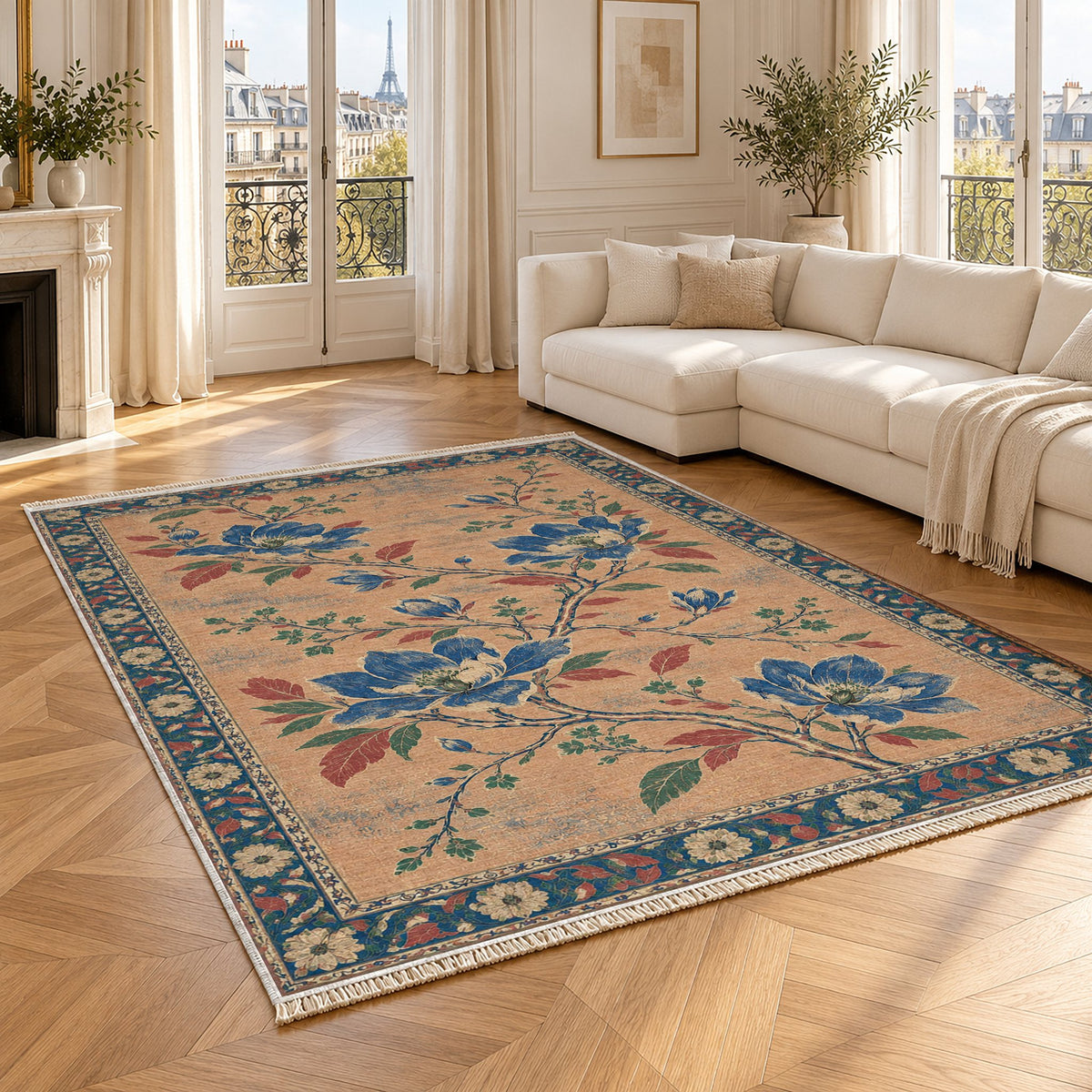 Magnolia Branch Crossing Peach, Cobalt & Jade washable rug angled room view