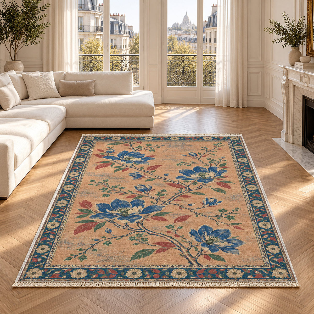 Magnolia Branch Crossing Peach, Cobalt & Jade washable rug in a Paris living room