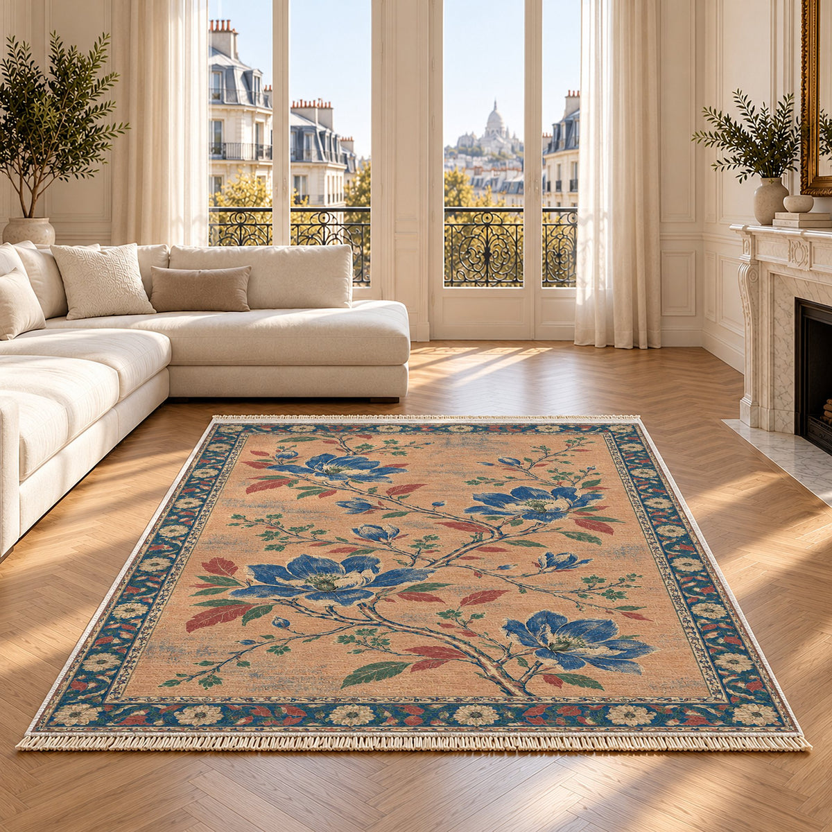 Magnolia Branch Crossing Peach, Cobalt & Jade washable rug on an oak floor