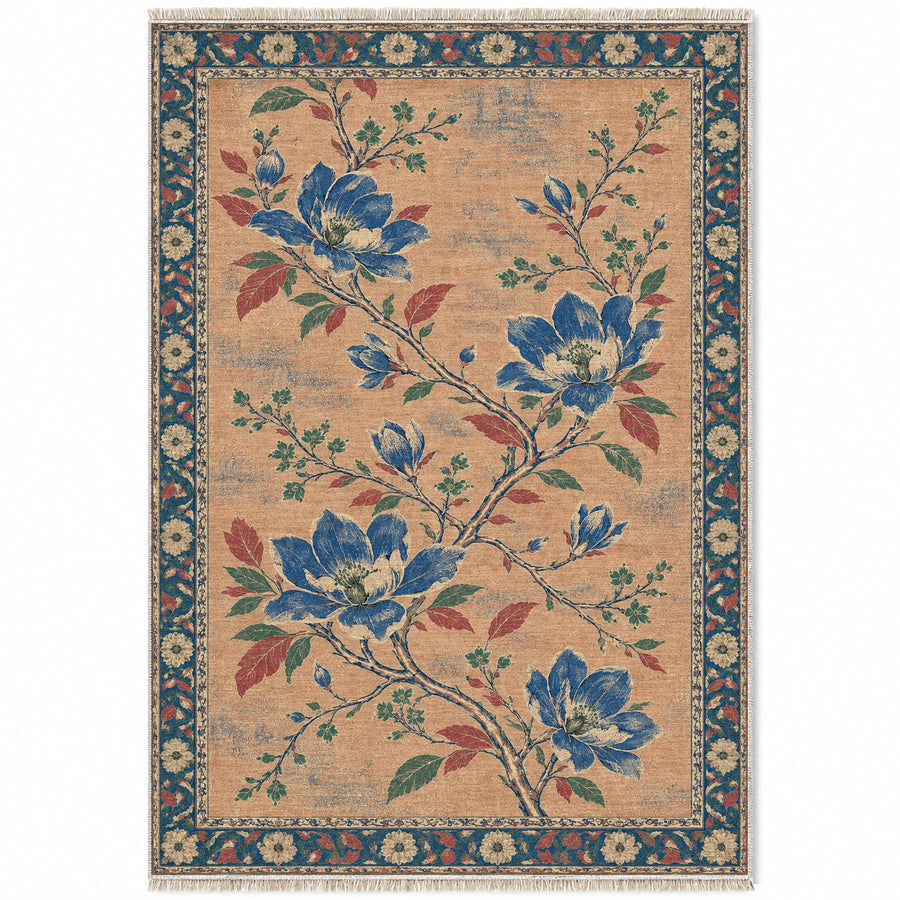 Magnolia Branch Crossing Peach, Cobalt & Jade Distressed Washable Rug