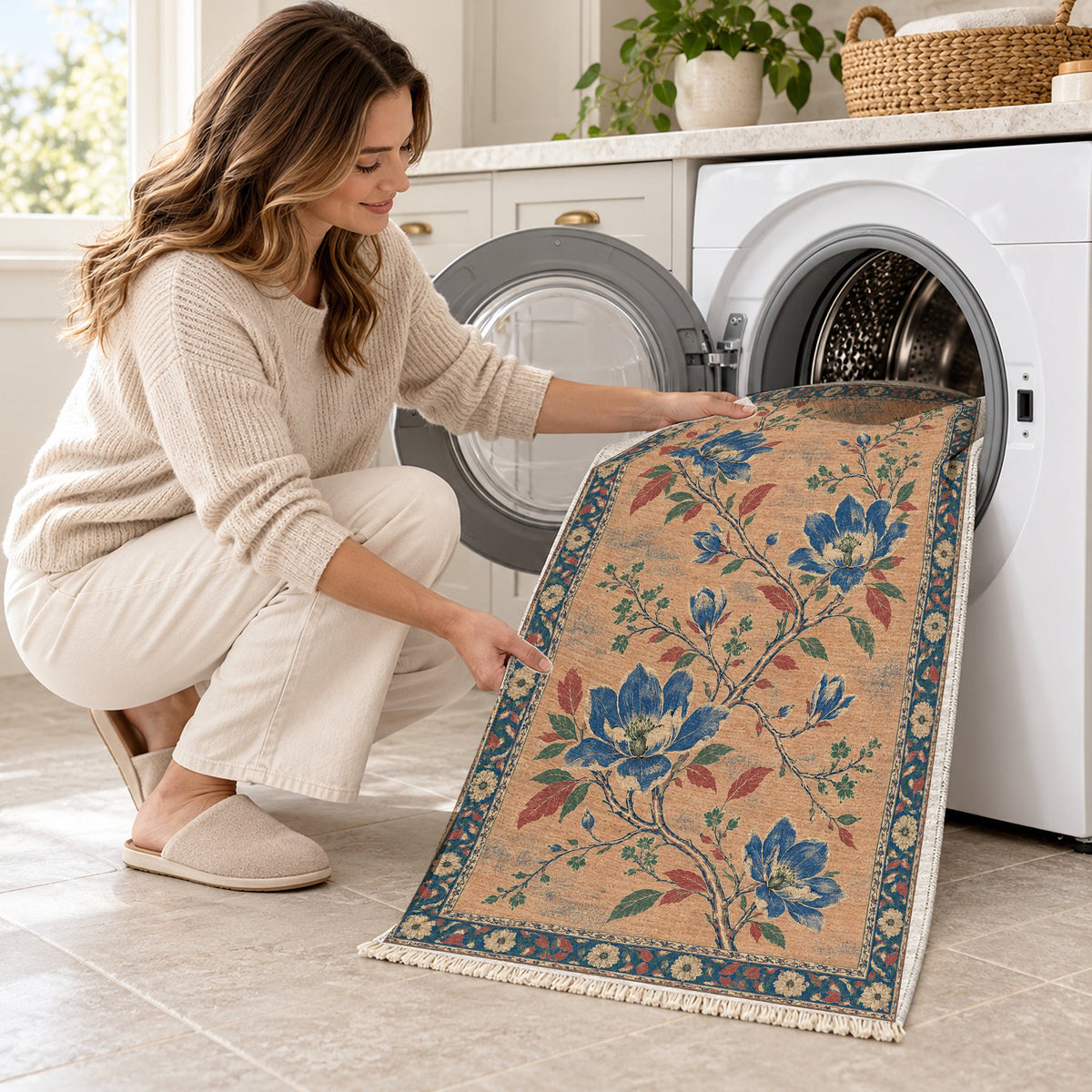 Magnolia Branch Crossing Peach, Cobalt & Jade washable rug being loaded into a washing machine