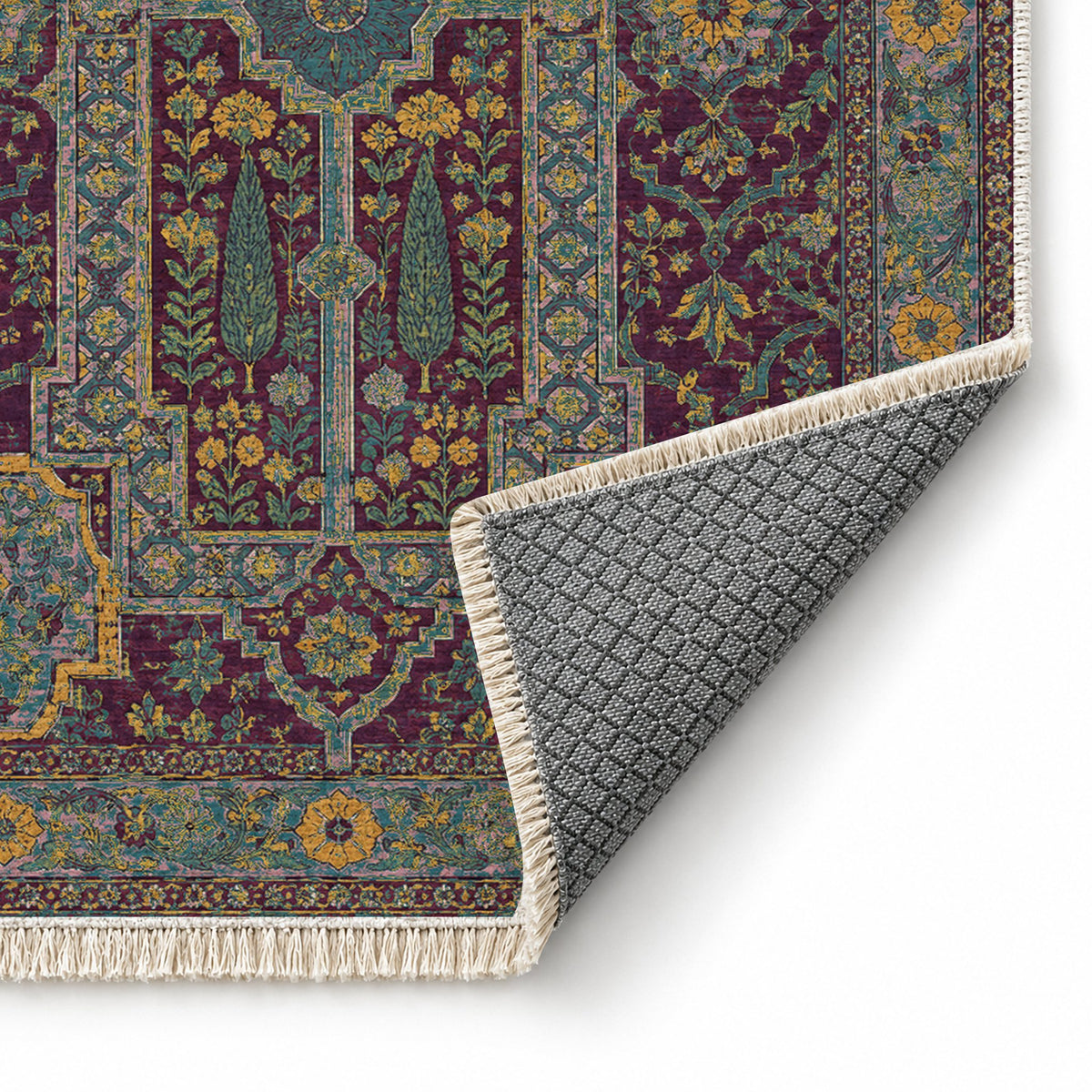 Maiden Courtyard Burgundy & Teal washable rug folded corner showing the backing