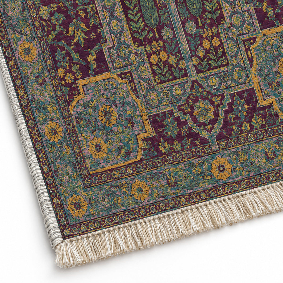 Maiden Courtyard Burgundy & Teal washable rug close-up of the printed chenille