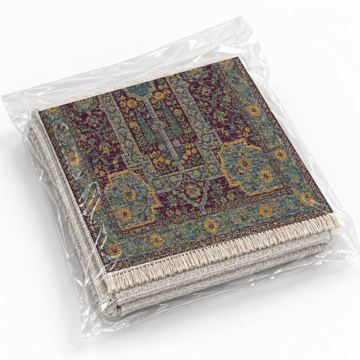 Maiden Courtyard Burgundy & Teal washable rug rolled and packaged