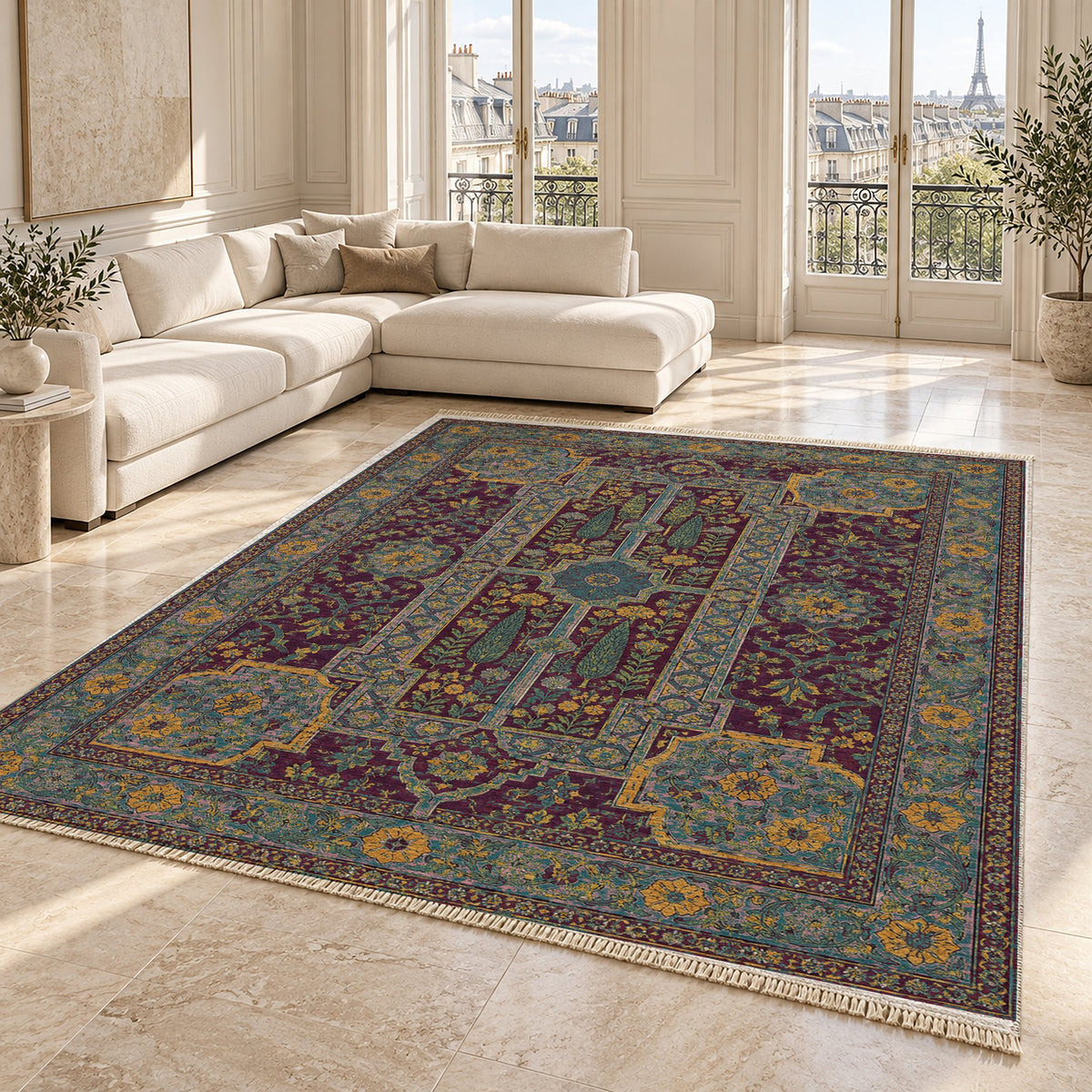 Maiden Courtyard Burgundy & Teal washable rug angled room view on marble