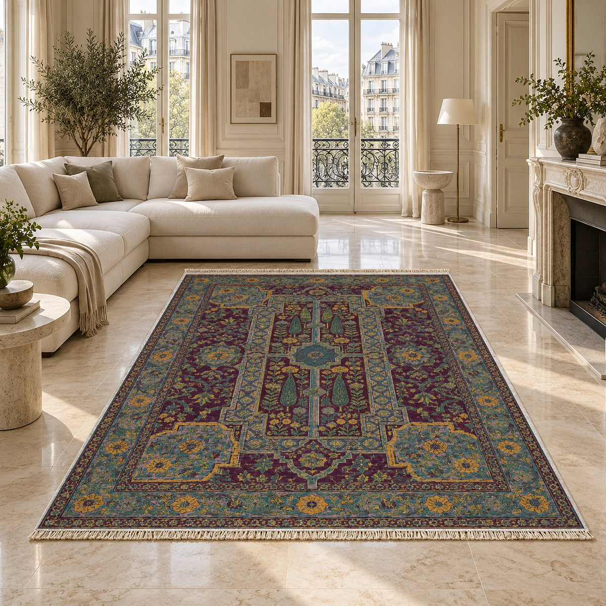 Maiden Courtyard Burgundy & Teal washable rug on a marble floor