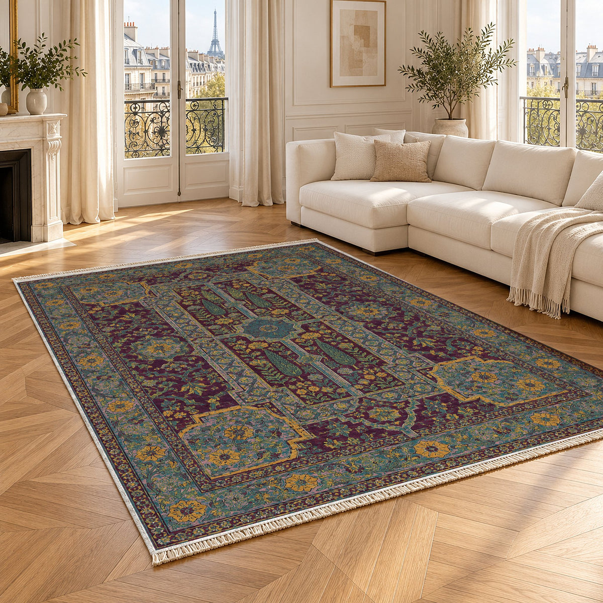 Maiden Courtyard Burgundy & Teal washable rug angled room view