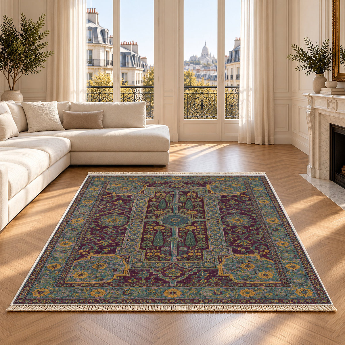 Maiden Courtyard Burgundy & Teal washable rug on an oak floor