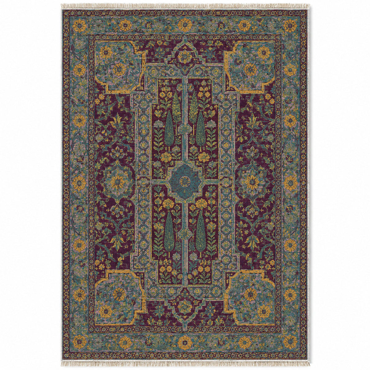 Maiden Courtyard Burgundy & Teal washable rug top view