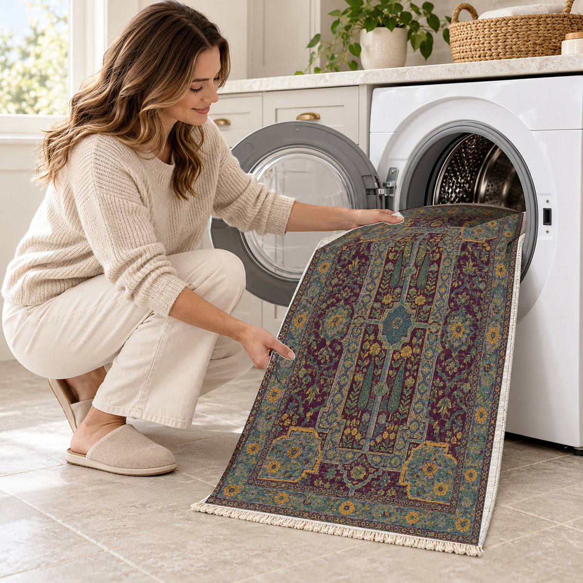 Maiden Courtyard Burgundy & Teal washable rug being loaded into a washing machine