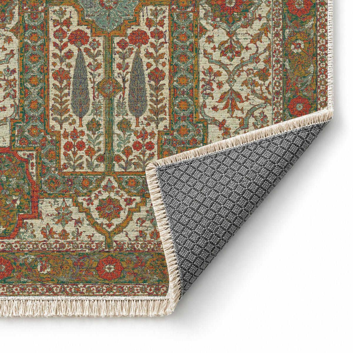 Maiden Courtyard Emerald & Terracotta washable rug folded corner showing the backing
