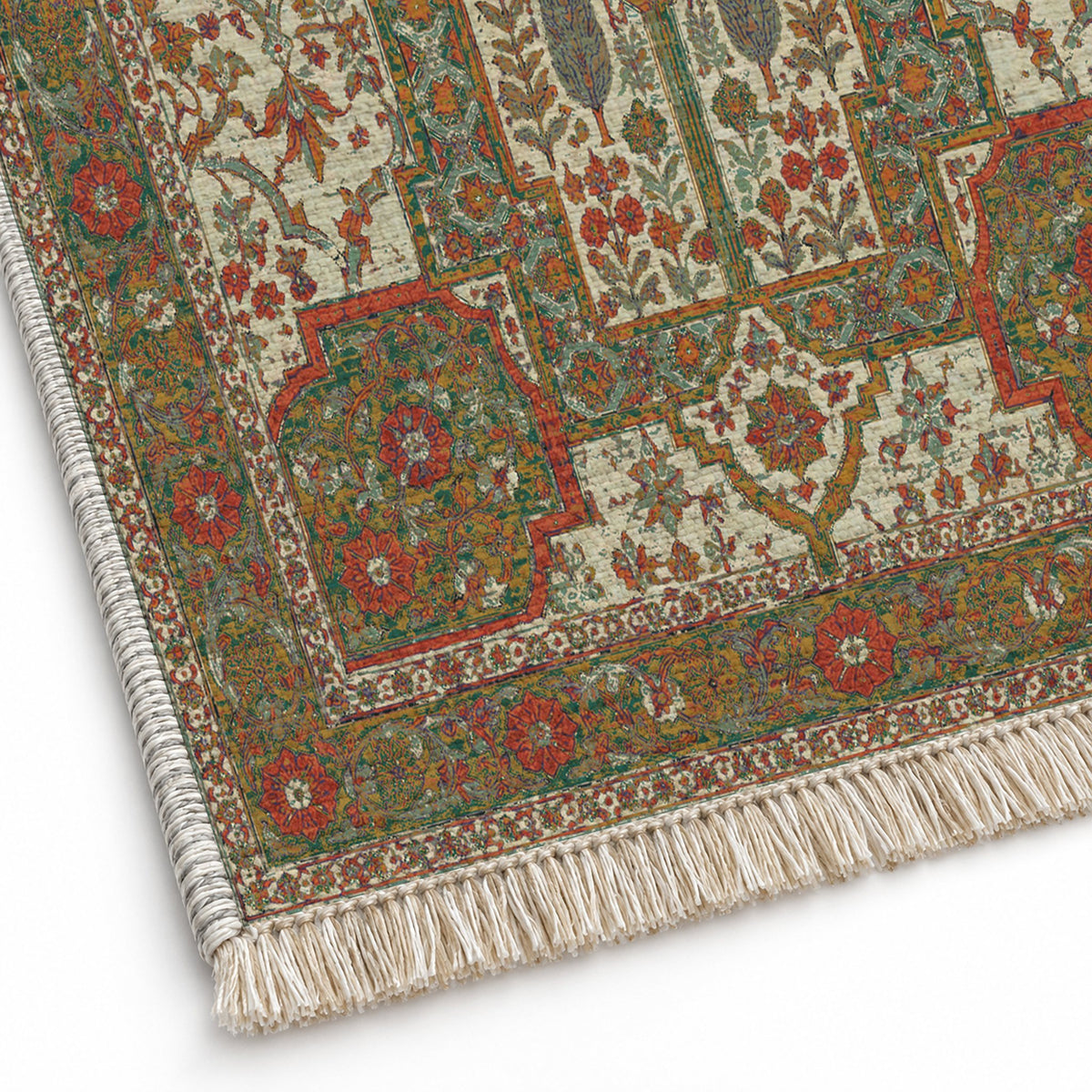 Maiden Courtyard Emerald & Terracotta washable rug close-up of the printed chenille