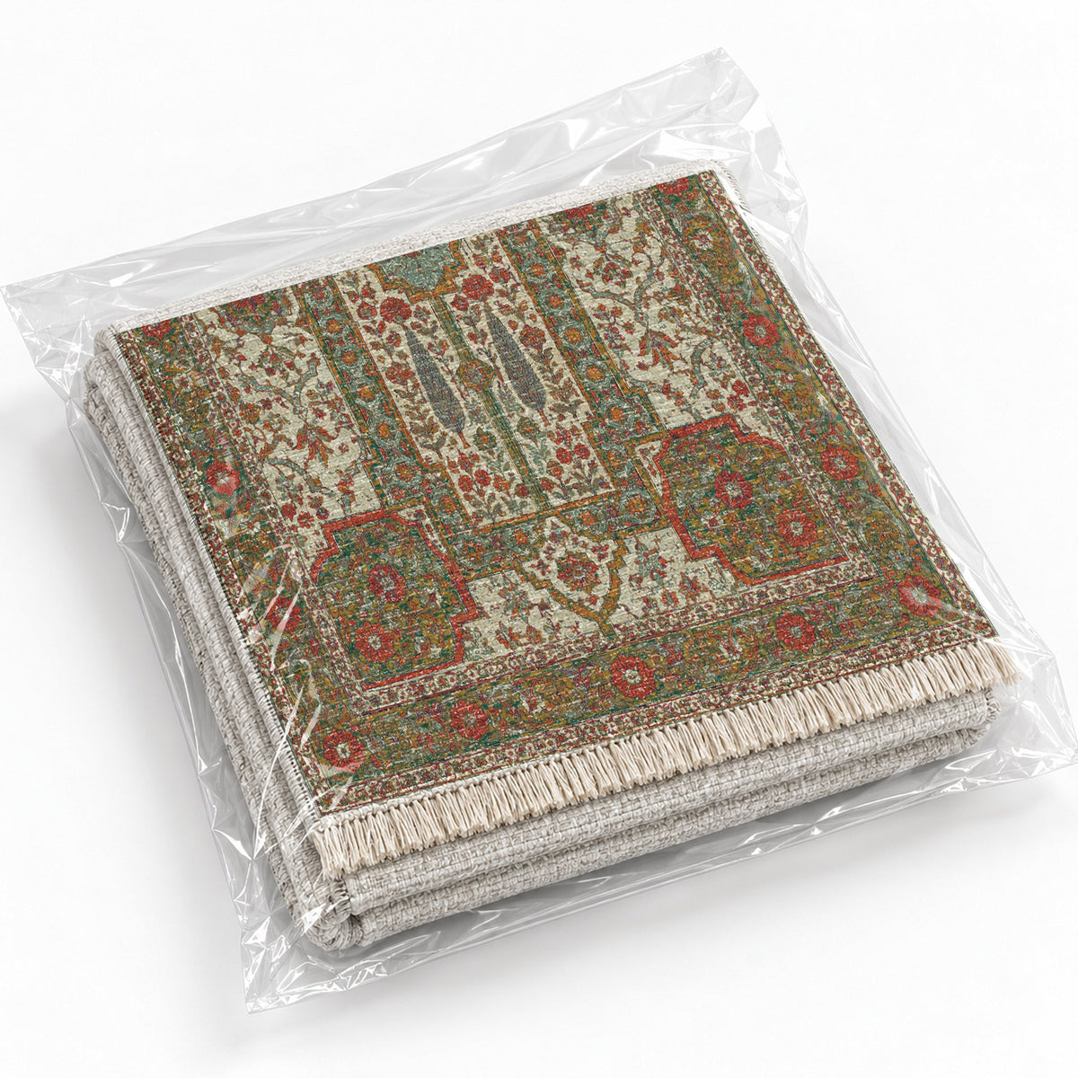 Maiden Courtyard Emerald & Terracotta washable rug rolled and packaged
