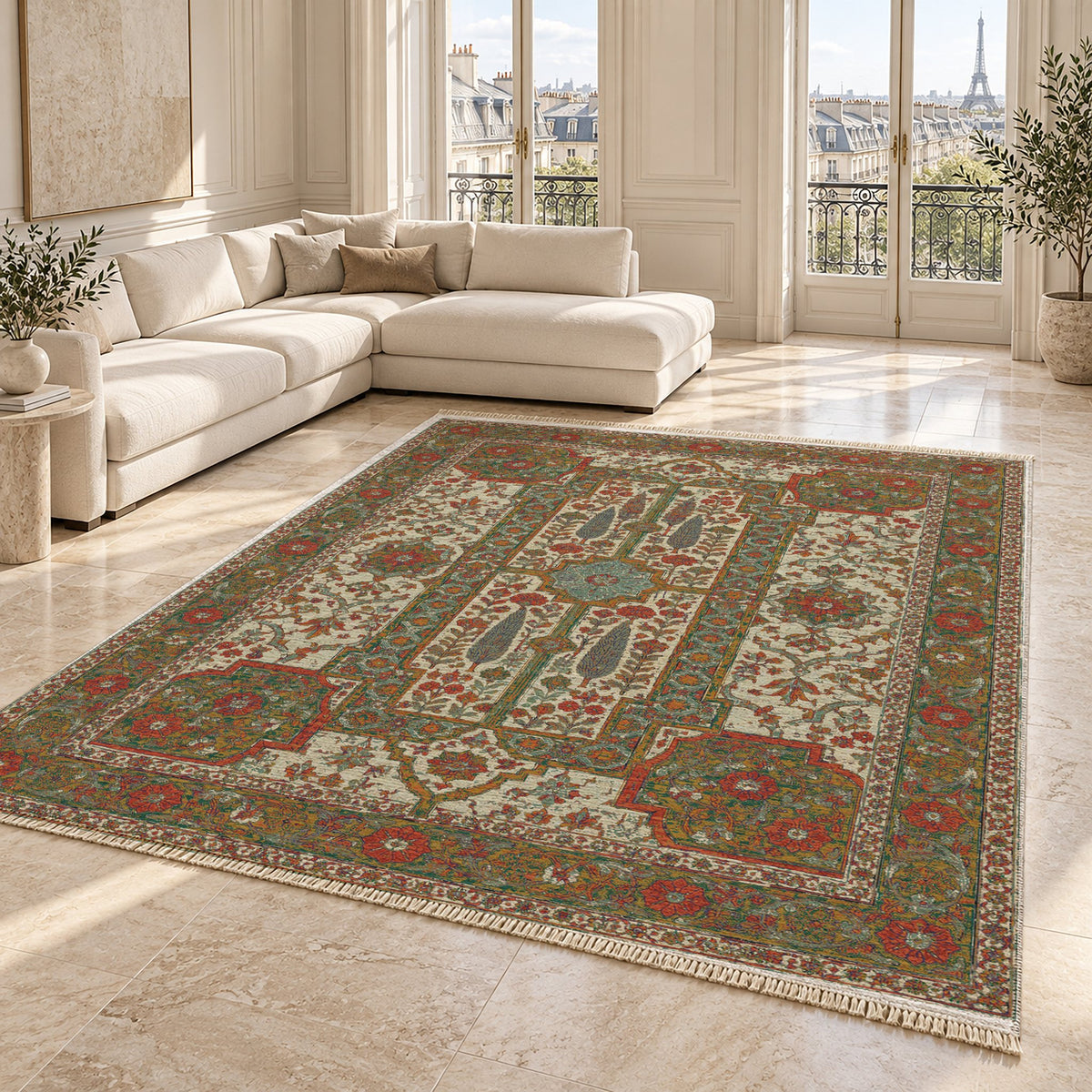 Maiden Courtyard Emerald & Terracotta washable rug angled room view on marble