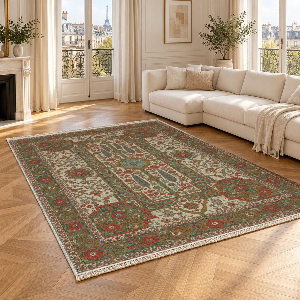 Maiden Courtyard Emerald & Terracotta washable rug angled room view
