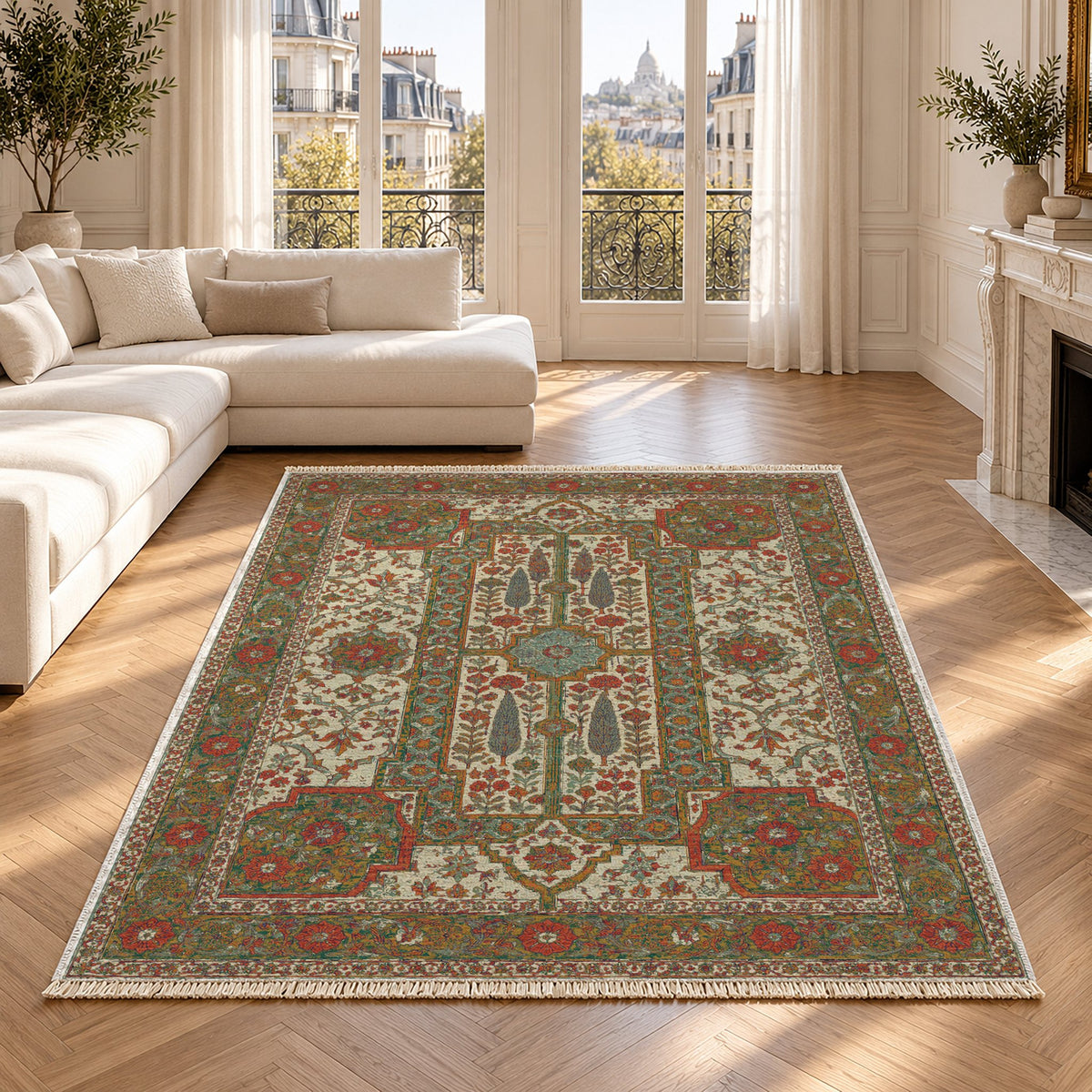 Maiden Courtyard Emerald & Terracotta washable rug in a Paris living room