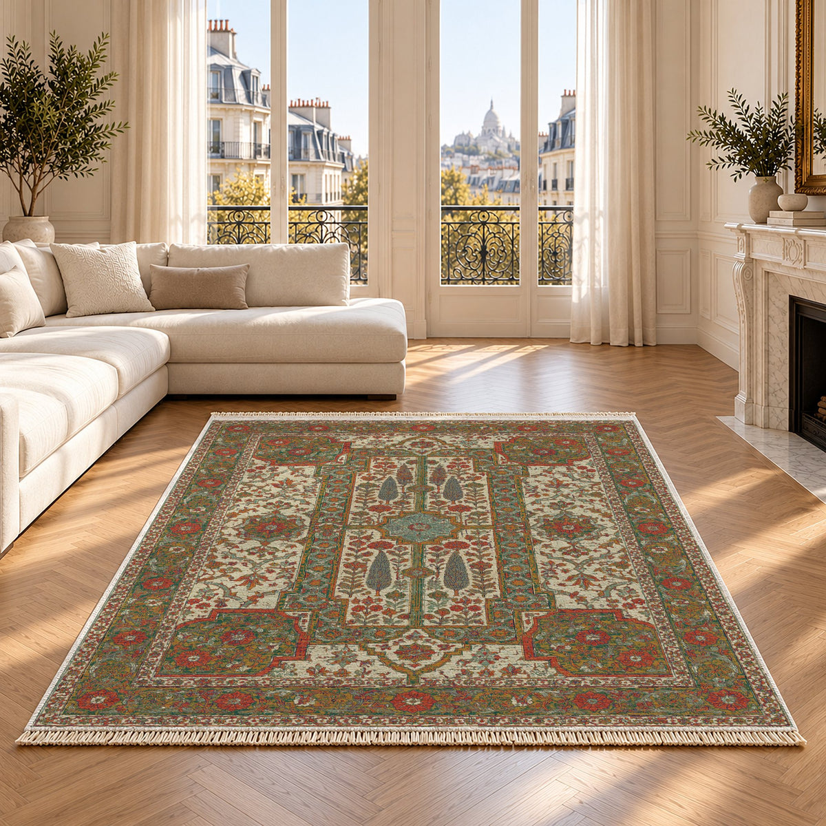 Maiden Courtyard Emerald & Terracotta washable rug on an oak floor