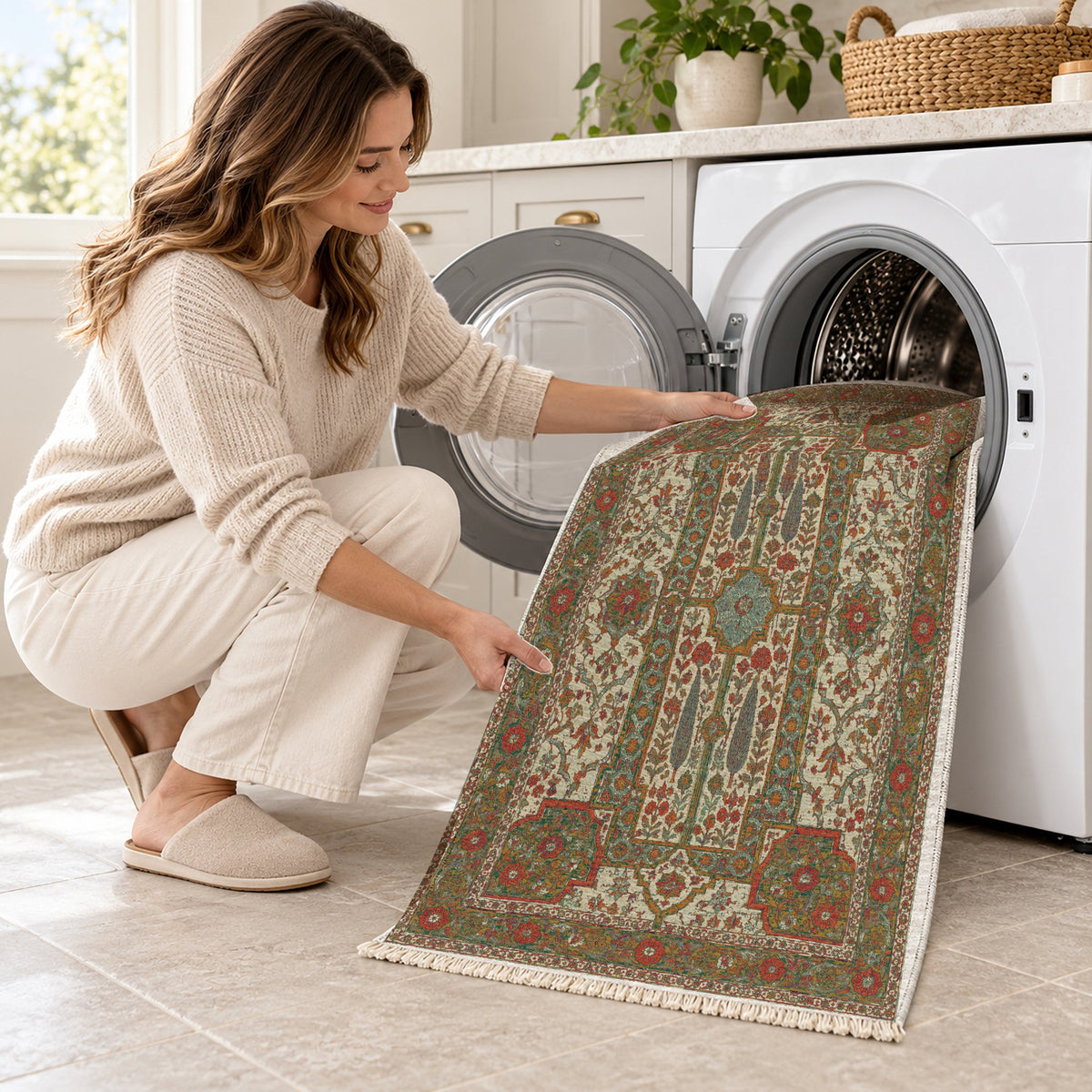 Maiden Courtyard Emerald & Terracotta washable rug being loaded into a washing machine
