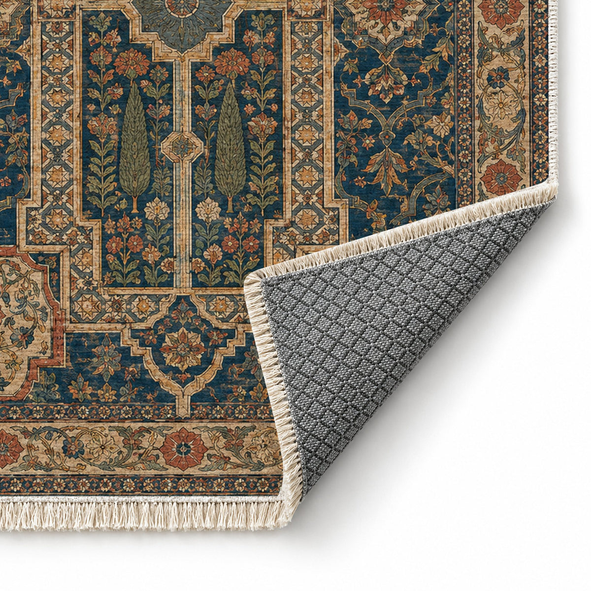Maiden Courtyard Indigo & Rust washable rug folded corner showing the backing