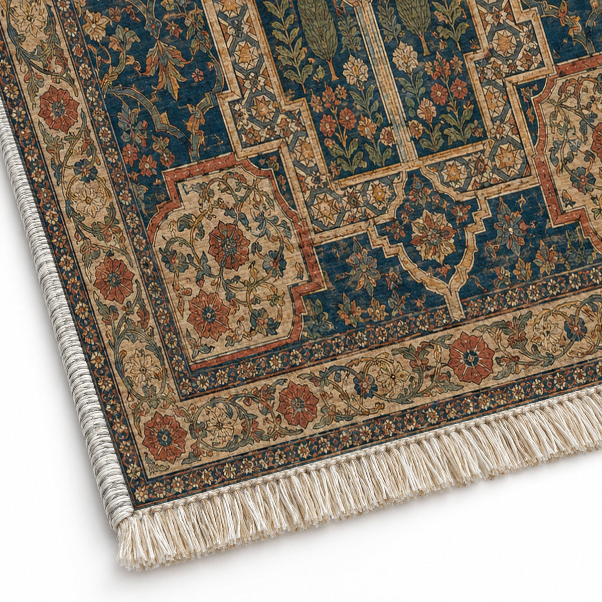 Maiden Courtyard Indigo & Rust washable rug close-up of the printed chenille
