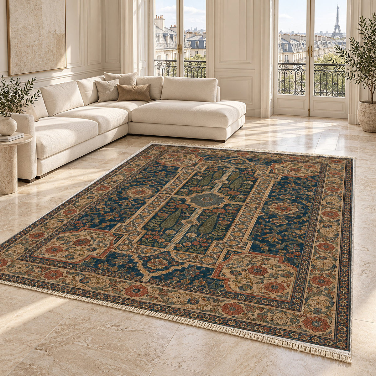 Maiden Courtyard Indigo & Rust washable rug angled room view on marble