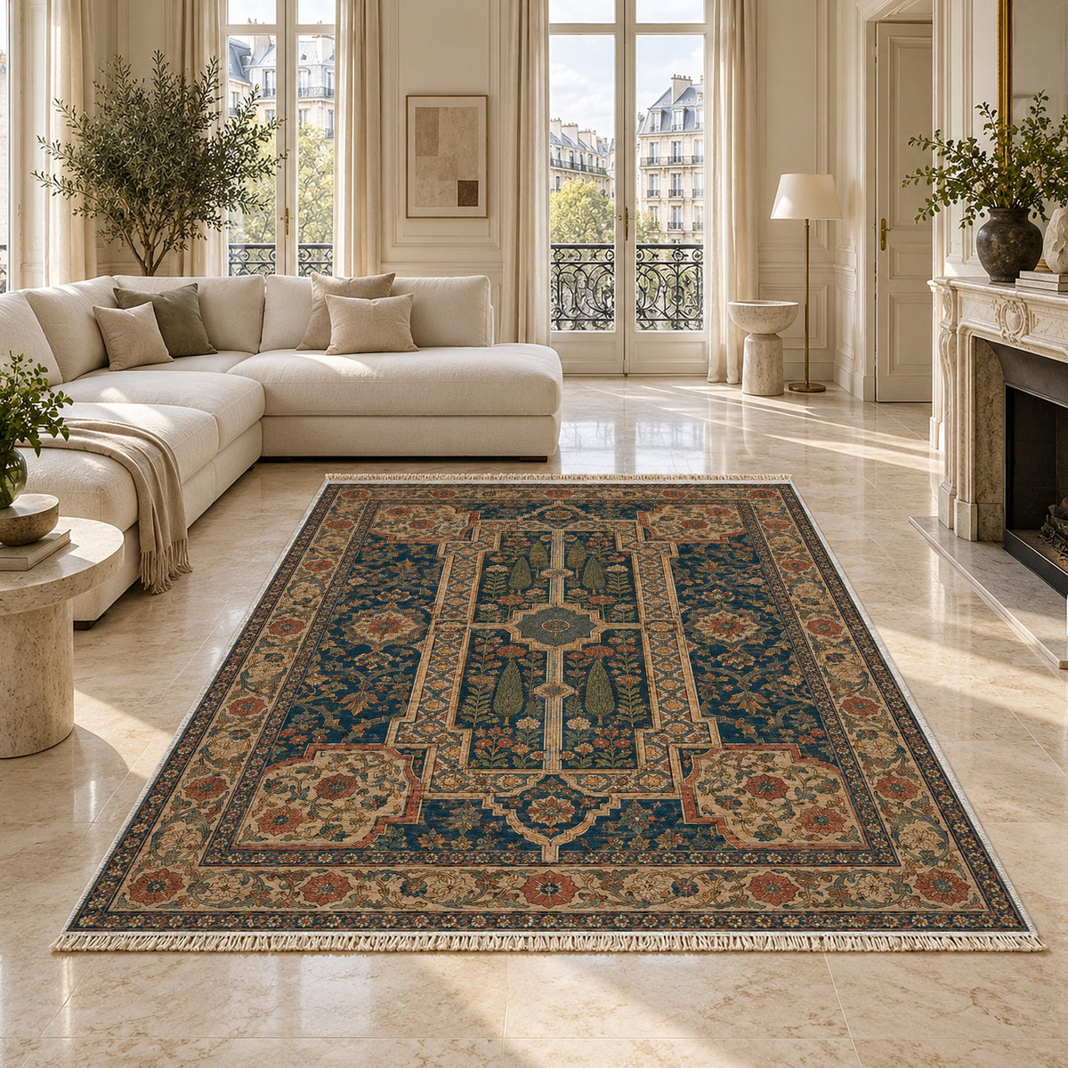 Maiden Courtyard Indigo & Rust washable rug on a marble floor