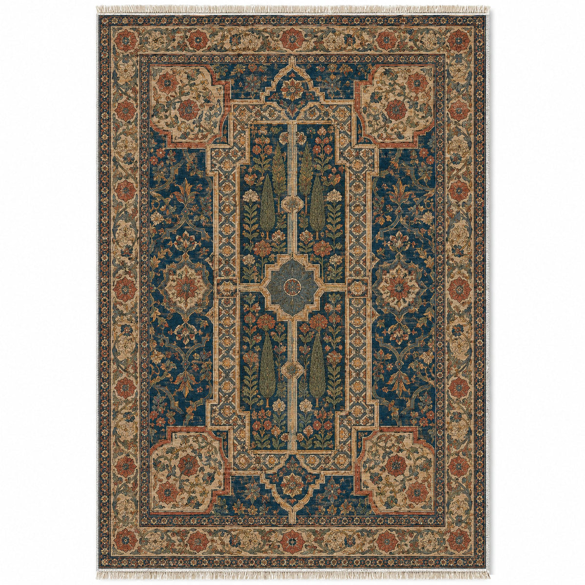 Maiden Courtyard Indigo & Rust washable rug top view