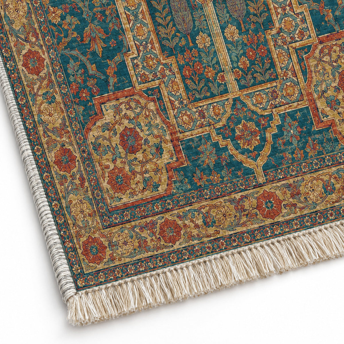 Maiden Courtyard Peacock & Ochre washable rug close-up of the printed chenille