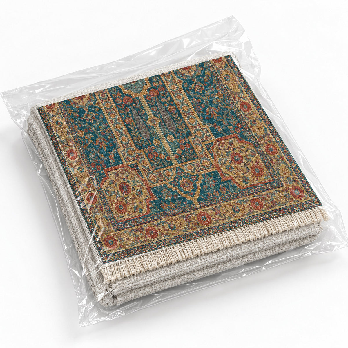 Maiden Courtyard Peacock & Ochre washable rug rolled and packaged
