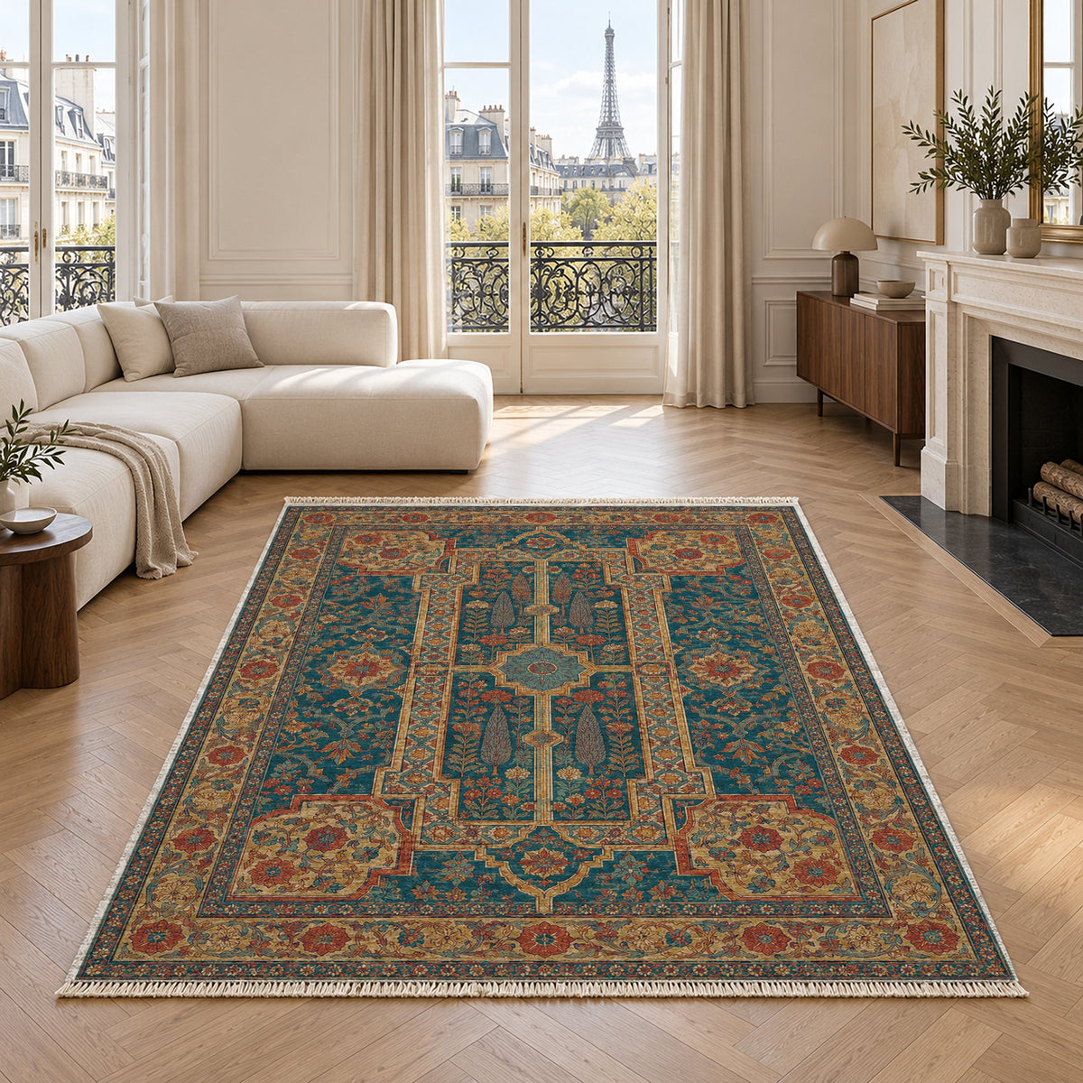 Maiden Courtyard Peacock & Ochre washable rug in a living room with an Eiffel Tower view