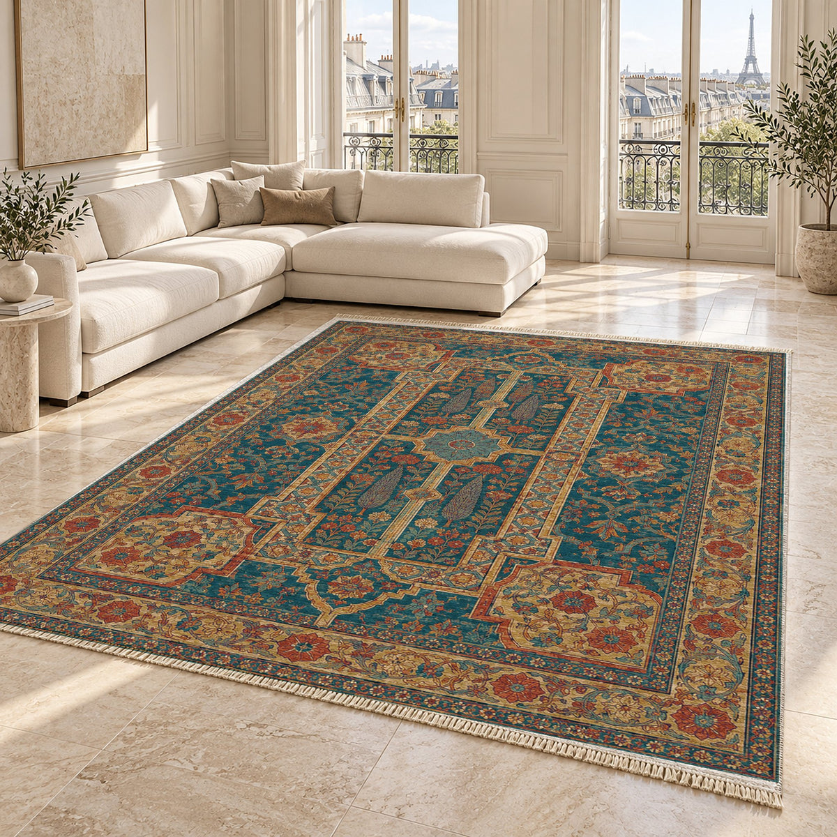 Maiden Courtyard Peacock & Ochre washable rug angled room view on marble