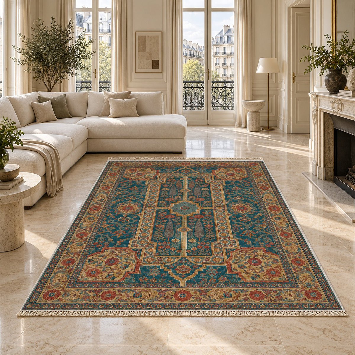 Maiden Courtyard Peacock & Ochre washable rug on a marble floor
