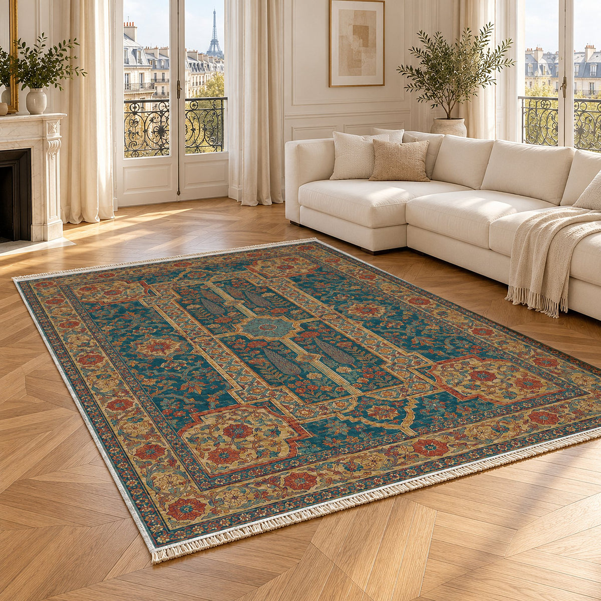 Maiden Courtyard Peacock & Ochre washable rug angled room view