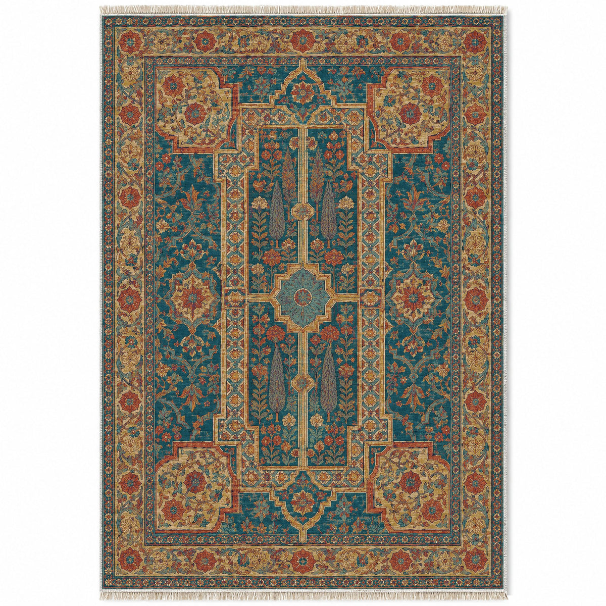 Maiden Courtyard Peacock & Ochre washable rug top view