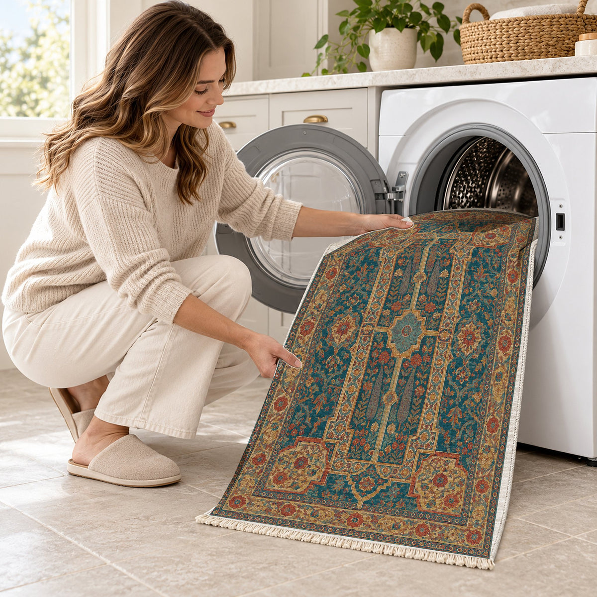 Maiden Courtyard Peacock & Ochre washable rug being loaded into a washing machine