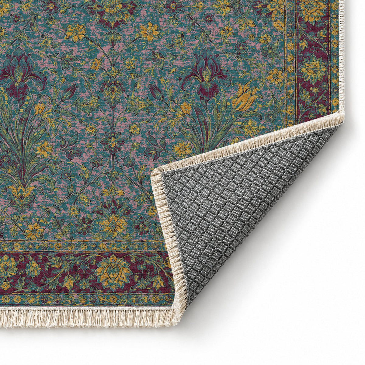 Marble Bouquet Burgundy & Teal washable rug folded corner showing the backing