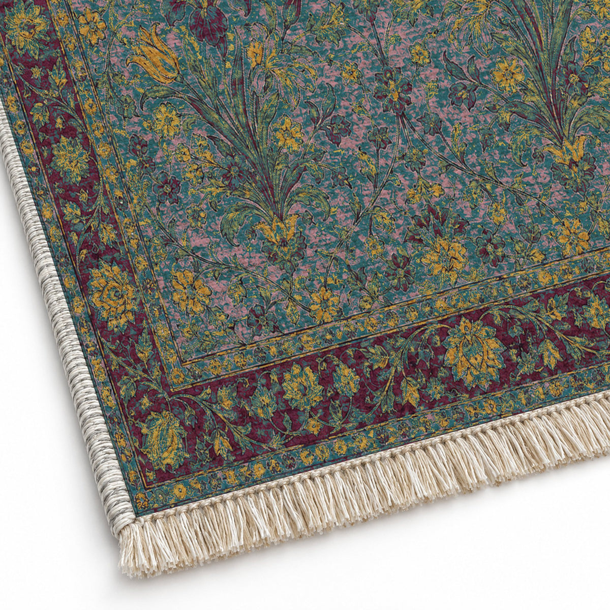 Marble Bouquet Burgundy & Teal washable rug close-up of the printed chenille