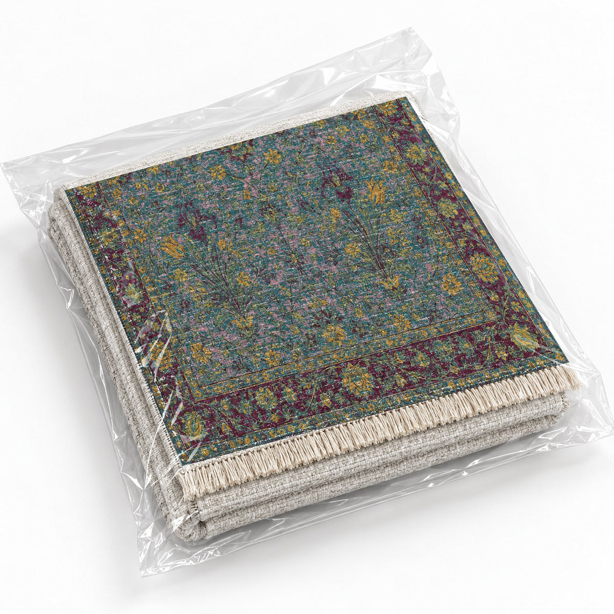 Marble Bouquet Burgundy & Teal washable rug rolled and packaged