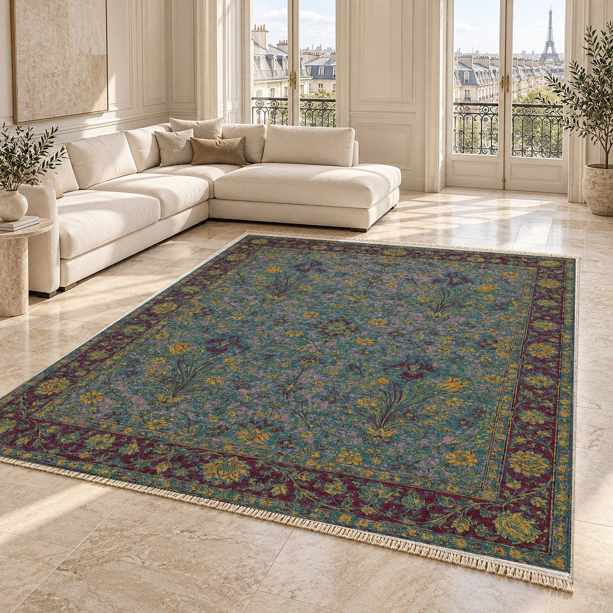 Marble Bouquet Burgundy & Teal washable rug angled room view on marble